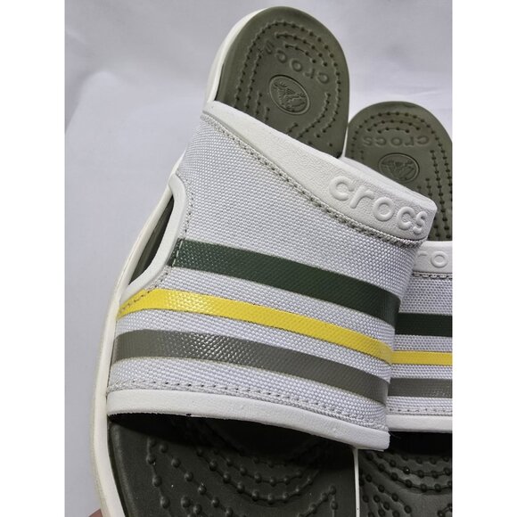 Mens Crocs Slip On Sandals Sobek 9 White/Green Stripes Canvas Slide Sandals - Picture 5 of 13